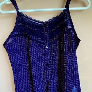 Blue Sheer Faux Button Top with Lace Detail